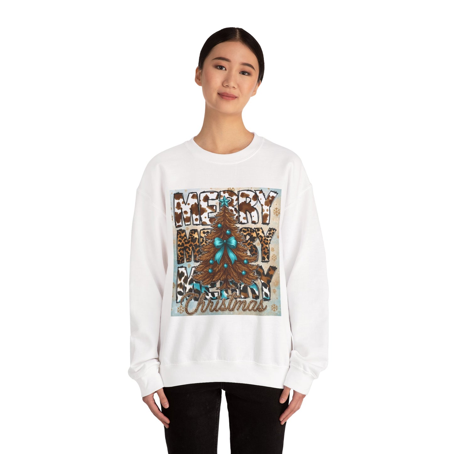 Christmas Crewneck Sweatshirt — "Merry Merry Christmas" Leopard Tree Holiday Pullover