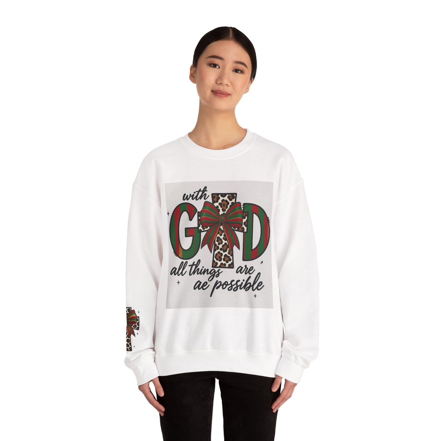 Faith Christmas Crewneck Sweatshirt — "With God All Things Are Possible" Leopard Cross Holiday Pullover
