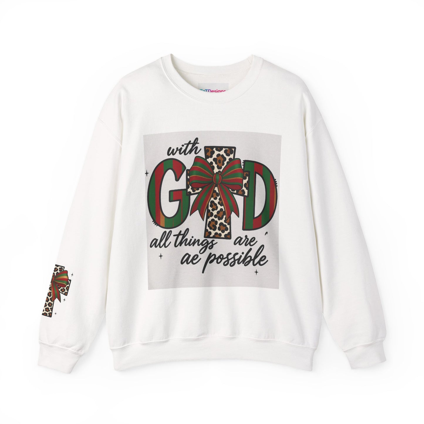 Faith Christmas Crewneck Sweatshirt — "With God All Things Are Possible" Leopard Cross Holiday Pullover