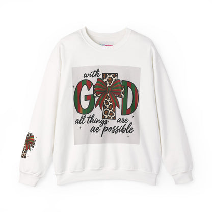 Faith Christmas Crewneck Sweatshirt — "With God All Things Are Possible" Leopard Cross Holiday Pullover