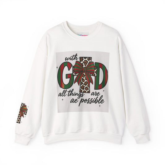 Faith Christmas Crewneck Sweatshirt — "With God All Things Are Possible" Leopard Cross Holiday Pullover