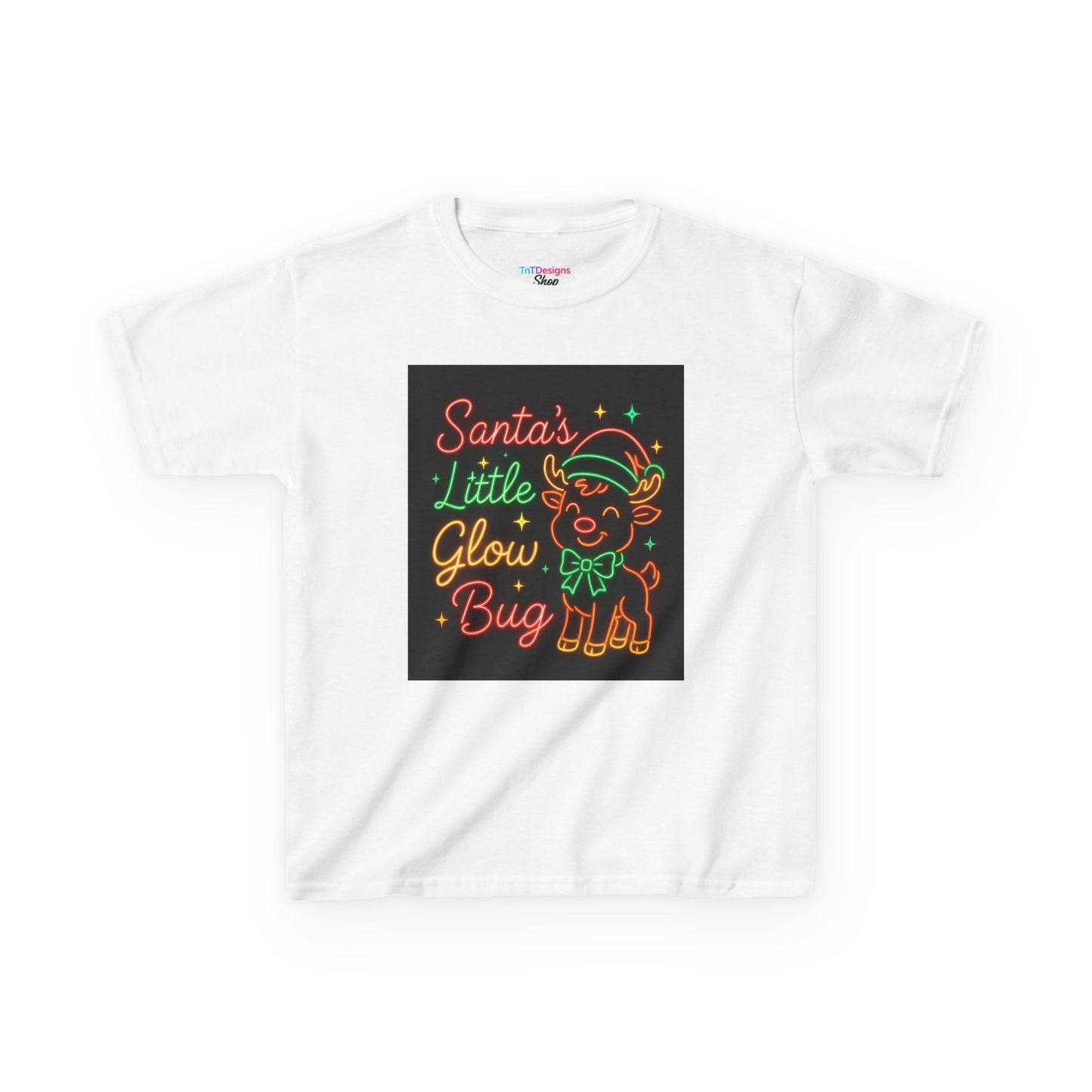Kids T-Shirt — “Santa’s Little Glow Bug” Neon Reindeer Christmas Tee