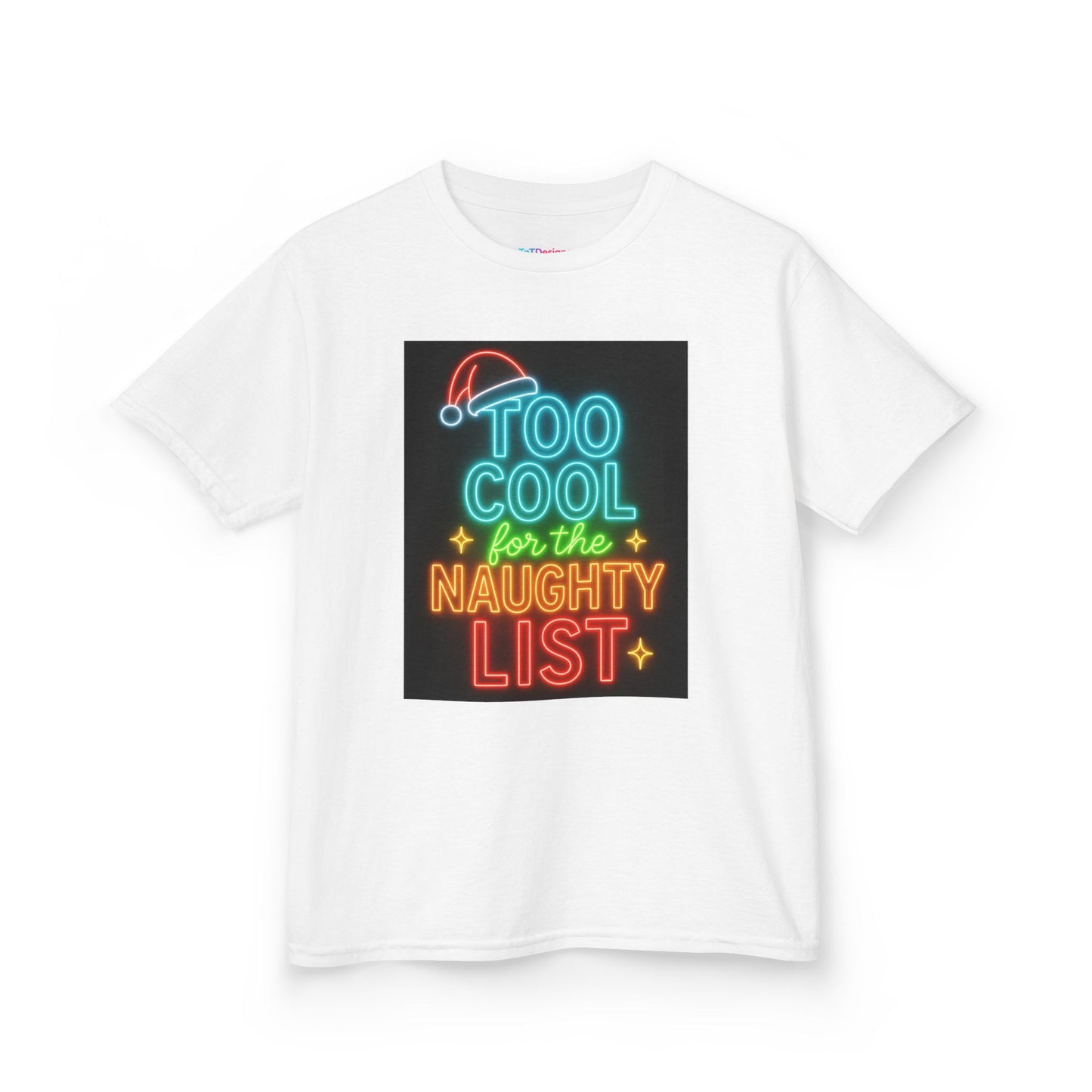 Kids Tee — "Too Cool for the Naughty List" Neon Christmas Shirt