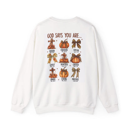 Crewneck Sweatshirt — “Praise Him” Christian Fall Sweatshirt with Inspirational ‘God Says You Are…’ Back Design