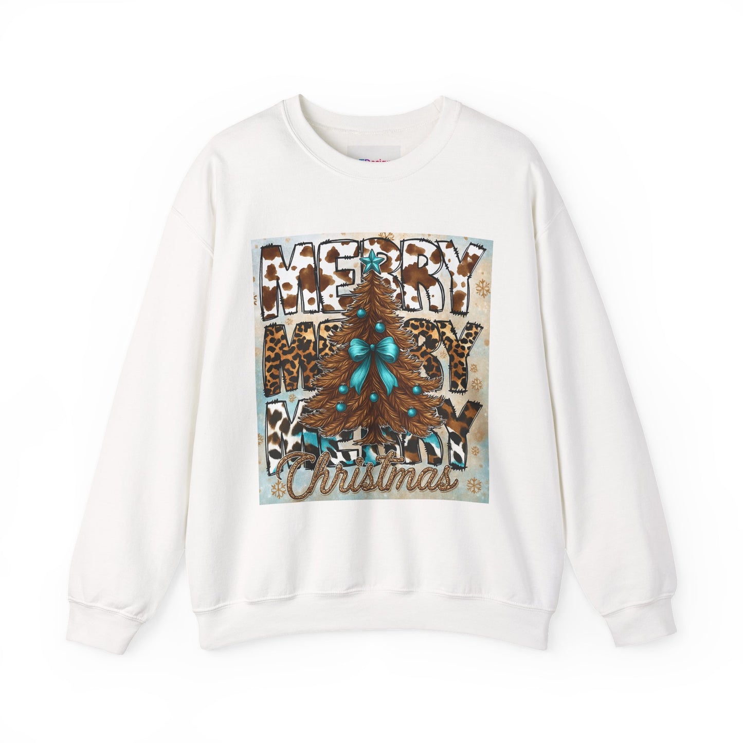 Christmas Crewneck Sweatshirt — "Merry Merry Christmas" Leopard Tree Holiday Pullover