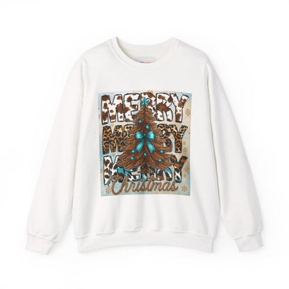Christmas Crewneck Sweatshirt — "Merry Merry Christmas" Leopard Tree Holiday Pullover