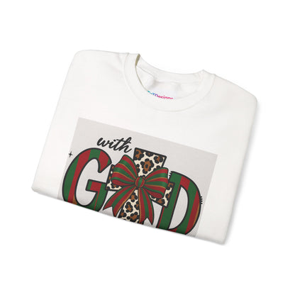 Faith Christmas Crewneck Sweatshirt — "With God All Things Are Possible" Leopard Cross Holiday Pullover