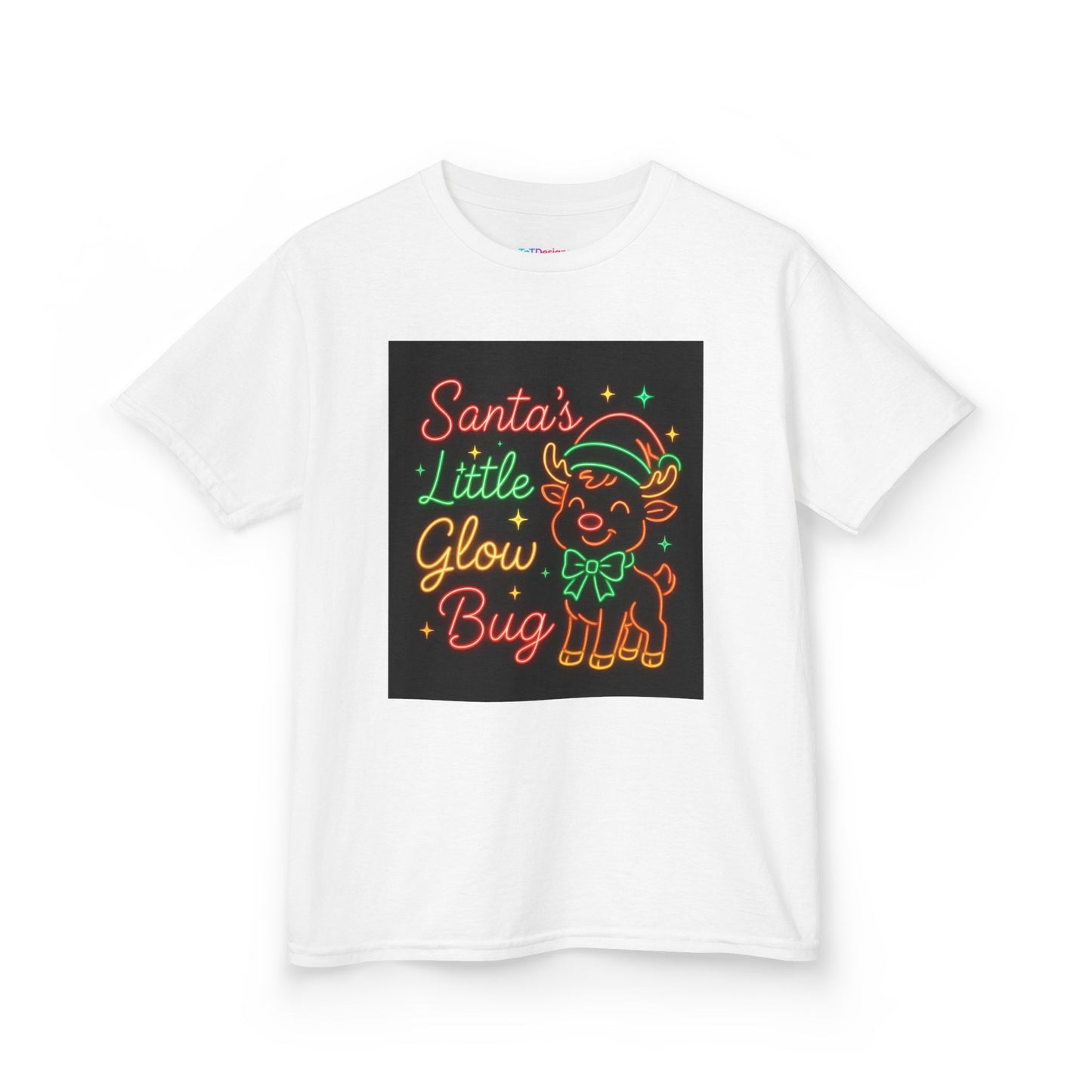 Kids T-Shirt — “Santa’s Little Glow Bug” Neon Reindeer Christmas Tee