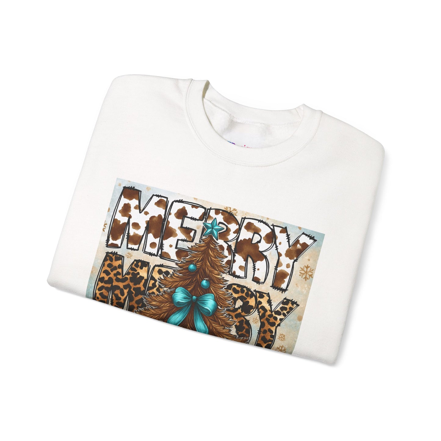Christmas Crewneck Sweatshirt — "Merry Merry Christmas" Leopard Tree Holiday Pullover