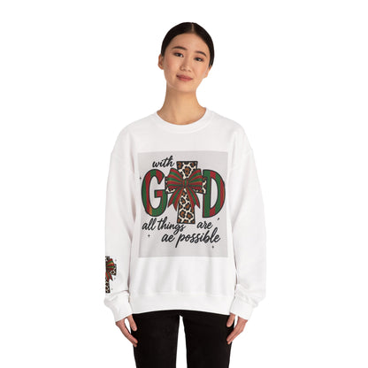 Faith Christmas Crewneck Sweatshirt — "With God All Things Are Possible" Leopard Cross Holiday Pullover